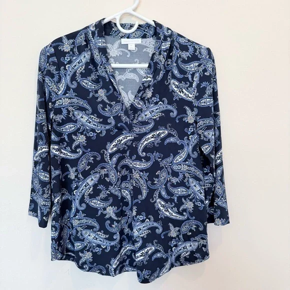 Charter Club Navy Blue Paisley Print 3/4 Sleeve V-Neck Blouse size Petite S - Picture 1 of 6